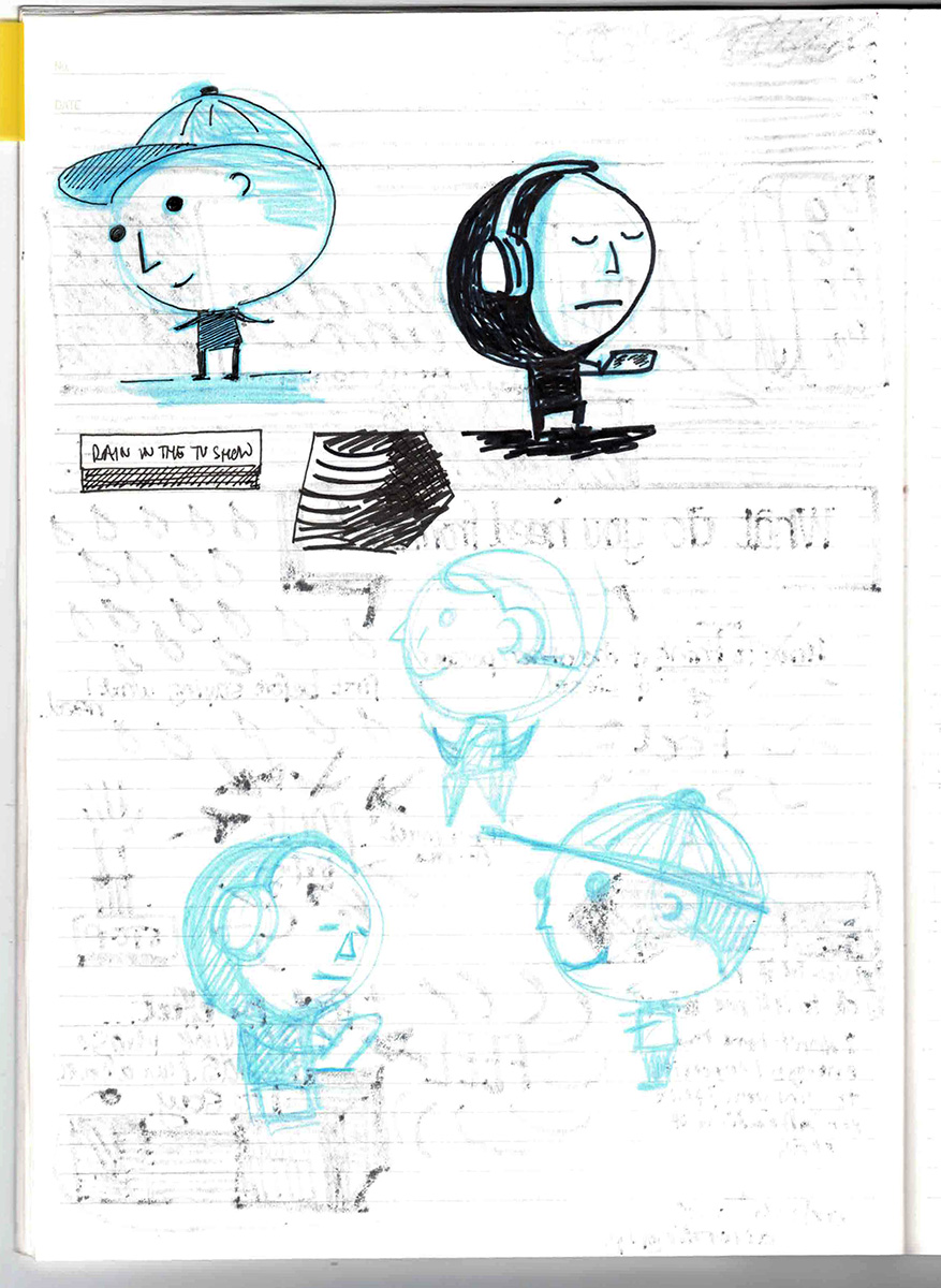 Sketchbook drawings of simple figures in blue pencil. 
