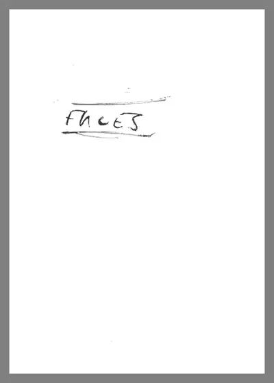 A5 cover of FACES zine. Black hand written text on white paper,