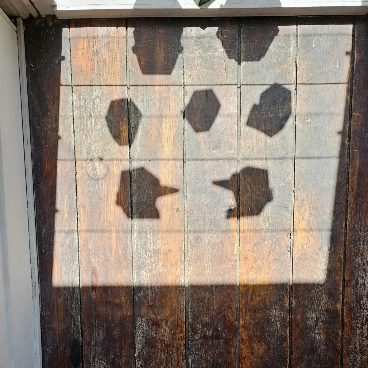 A photo of a group of shadows cast on a wooden floor.